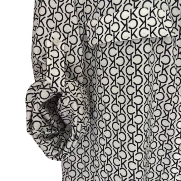 Calvin Klein Roll Sleeve V Neck Button Down CK Logo Size M Dressy Blouse #BD - Picture 7 of 10